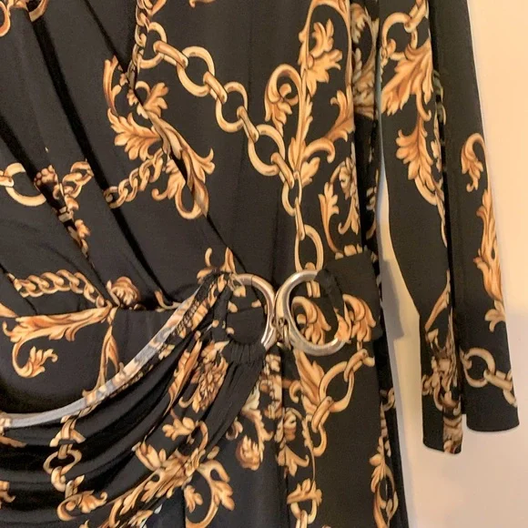 Thalia Sodi | Dresses | Black Gold Printed Midi Wrap Dress | Poshmark Thalia Sodi | Dresses | Black Gold Printed Midi Wrap Dress | Poshmark